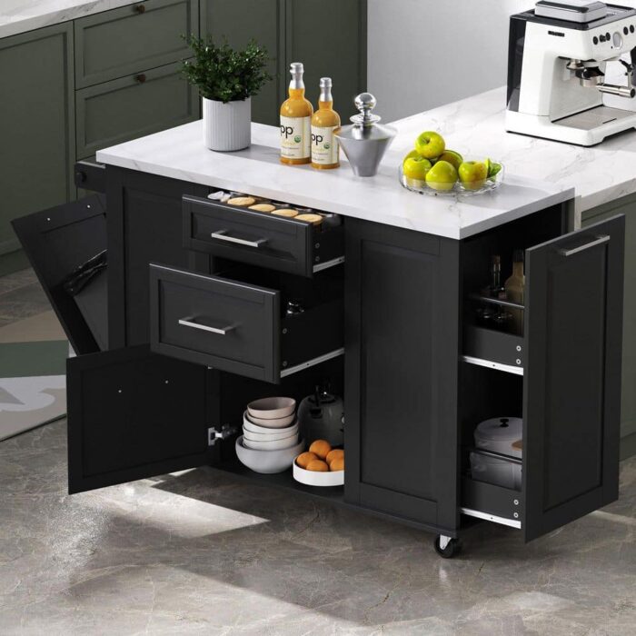Classic Black Wood 50.7 in. Drop Leaf Kitchen Island with Storage Tilt Trash Can Cabinet and Pull Out Cabinet Organizer