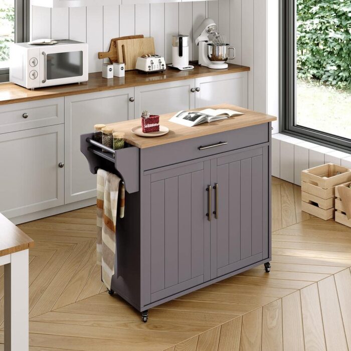 STICKON Grey Wood Rolling 35.1 in. Kitchen Island with Storage Cabinet