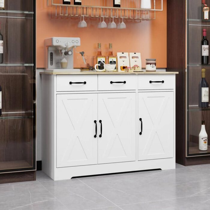 Farmhouse White Wooden Tabletop 43 in. Kitchen Island with Drawers