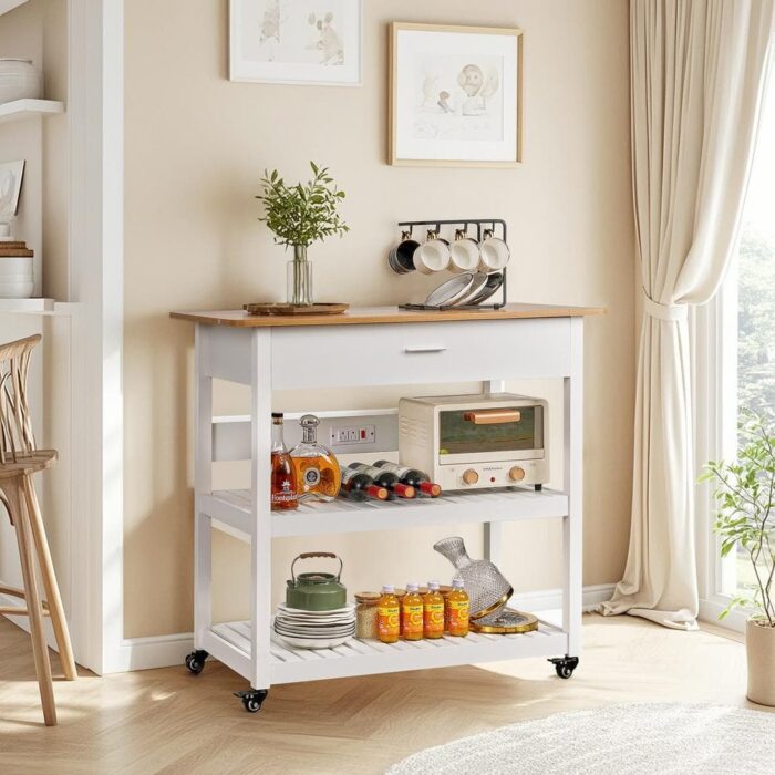 Kitchen Island Cart on Wheels, 40 in. Rolling Utility Cart with Power Strip, White Wood Top Shelves for Kitchen Storage