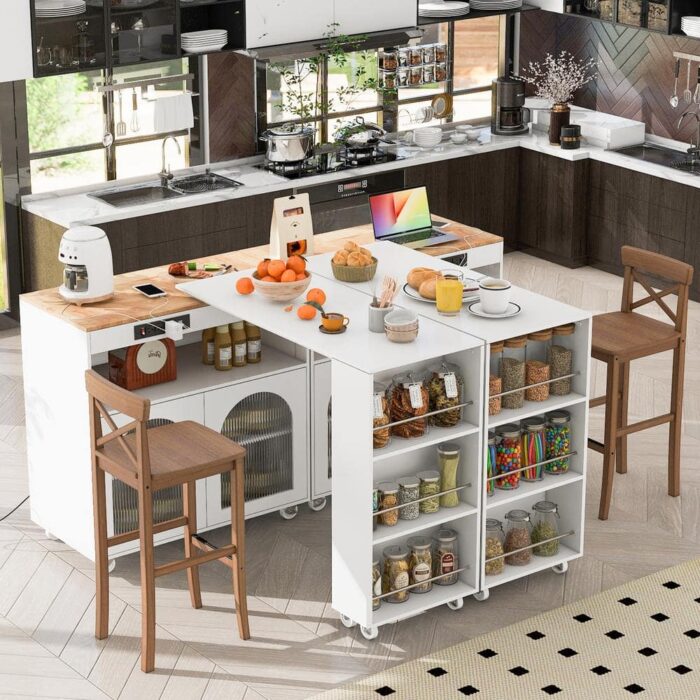Oasis White Wood 41.11 in. Kitchen Island with Extended Table, Kitchen Island on Wheels with LED Lights, Power Outlets